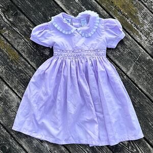 Hearts & Flowers Girls 5T Lilac Smocked Dress Embroidered Waist Bow Back
